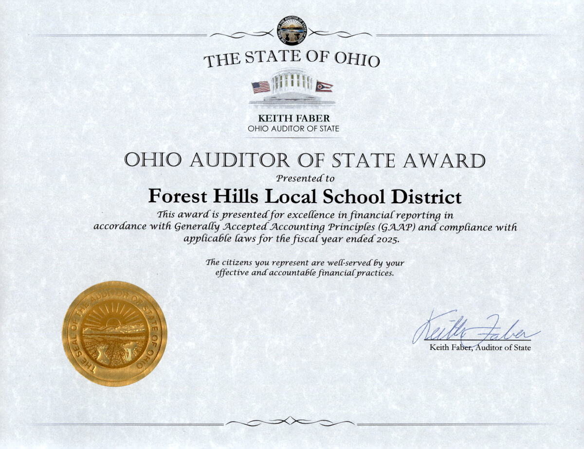 FHSD's auditor of state award certificate